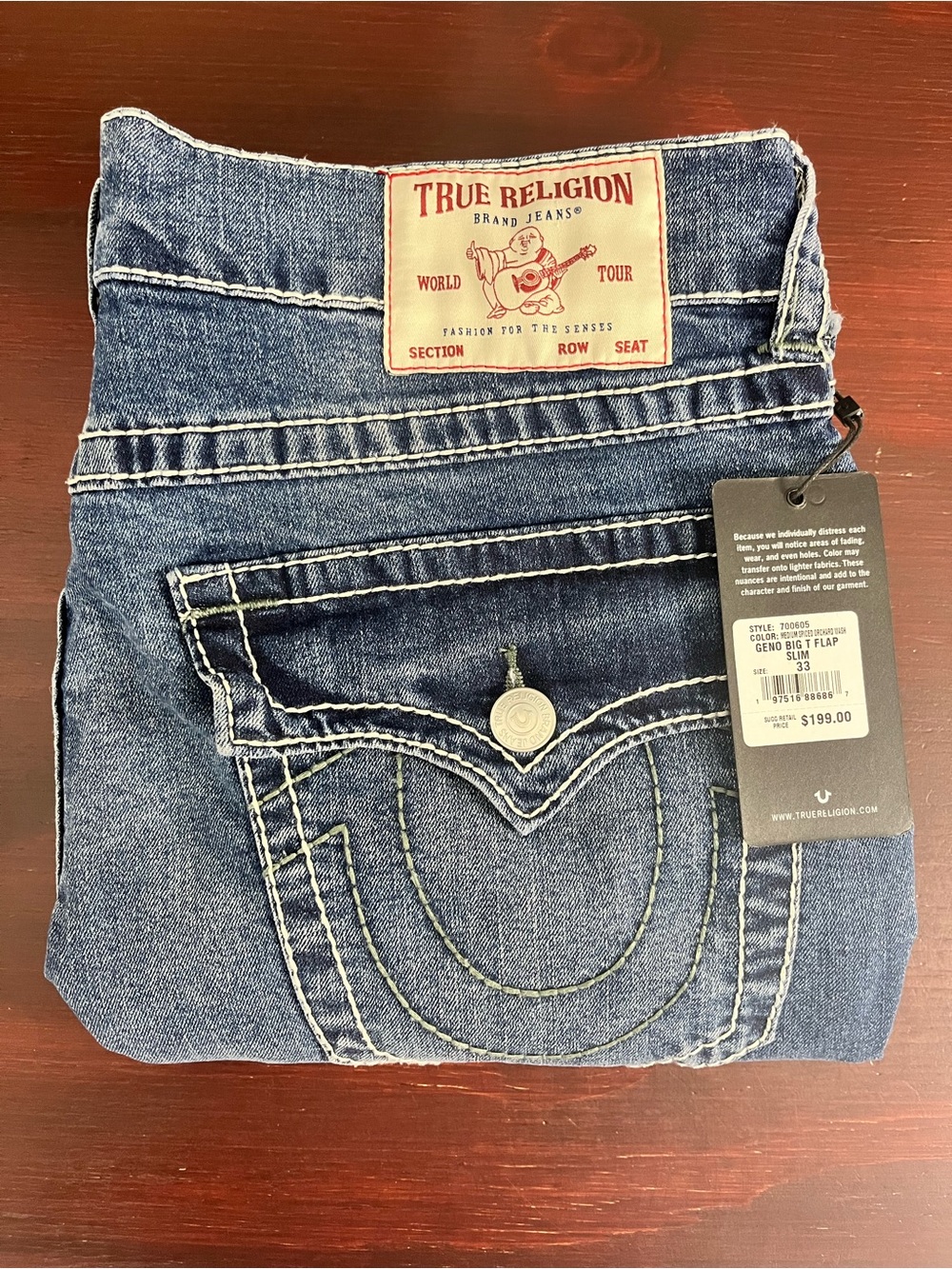 True Religion Geno Jeans Men's 33x32 Flap Big T Relaxed Slim Denim Green Stitch
